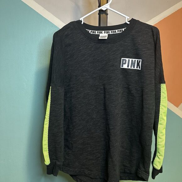 Victoria’s Secret PINK Varsity Crew Green‎ Grey Pullover Holographic Metallic S - Picture 1 of 4